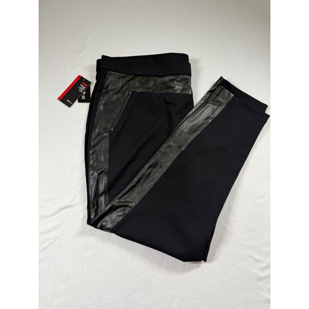 Style & Co. Women Pull-On Leggings 24W Black Faux Leather Trim Zipper Pocket 418